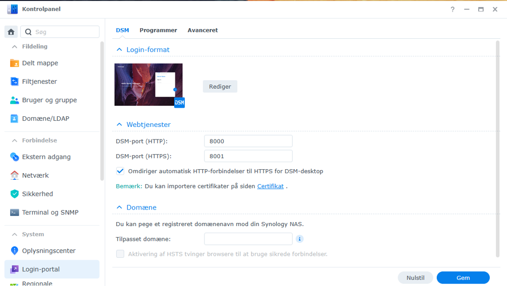 Synology DSM Login-portal med HTTP-port 8000 og HTTPS-port 8001