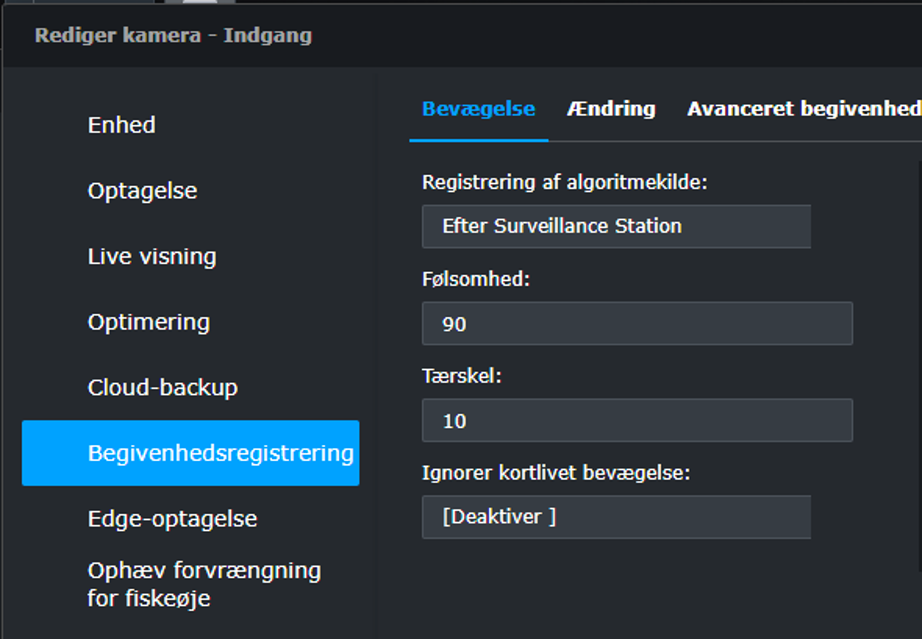 Indstillinger for bevægelsesregistrering i Synology Surveillance Station